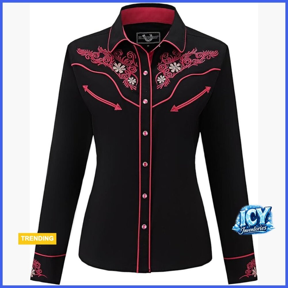 Embroidered Western Cowboy Shirt Long Sleeve Snap Front Button Down